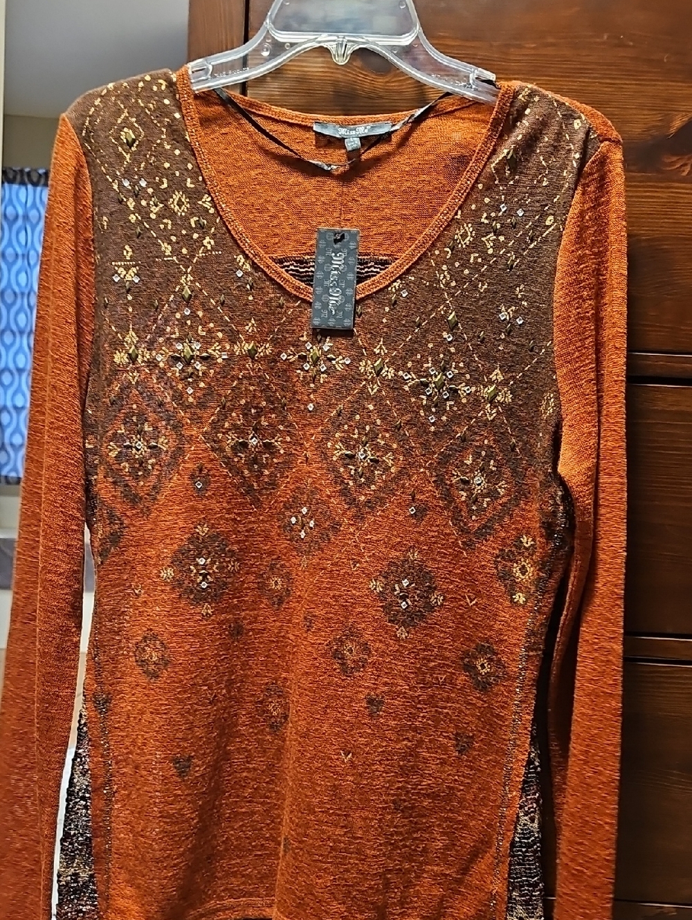 Miss Me Top Shirt Womens Orange Knit Studded Textured Western Popover Rodeo